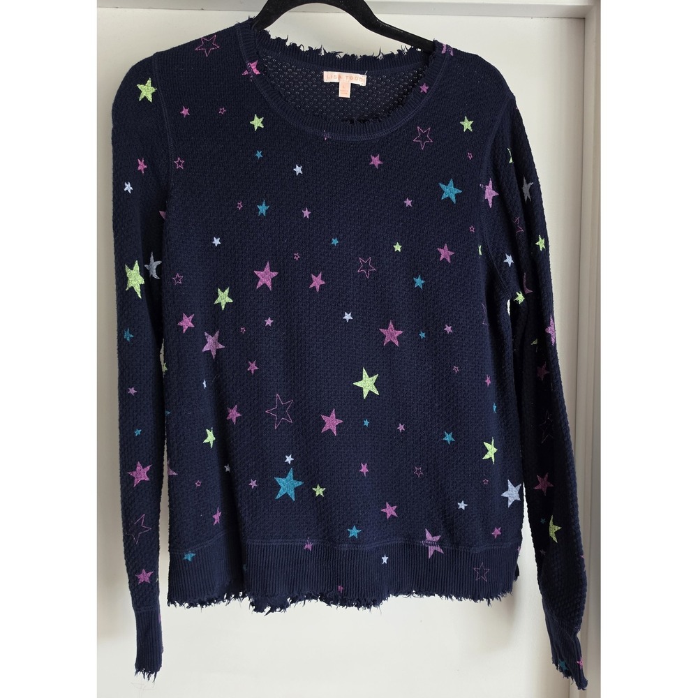 Lisa Todd Sweater Size L Navy Blue Cotton Stars Round Neck Pullover Top Knit